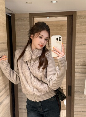 【TIAO~】假两件毛领拼接 螺纹女翻领冬季短外套宽松百搭套头高领