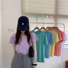 Real price makaron color thin casual soft versatile slim fit T-shirt short sleeve top