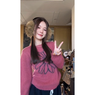 慵懒风针织毛针织衫 可爱小玫菊 上衣圆领套头撞色女冬季 TIAO