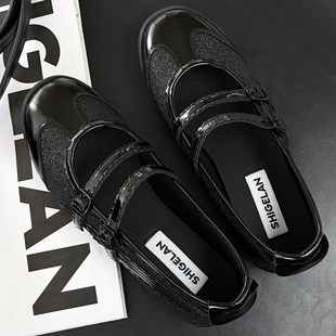 诗歌兰真皮玛丽珍鞋女2026春款黑色亮片一字扣带时尚百搭浅口单鞋