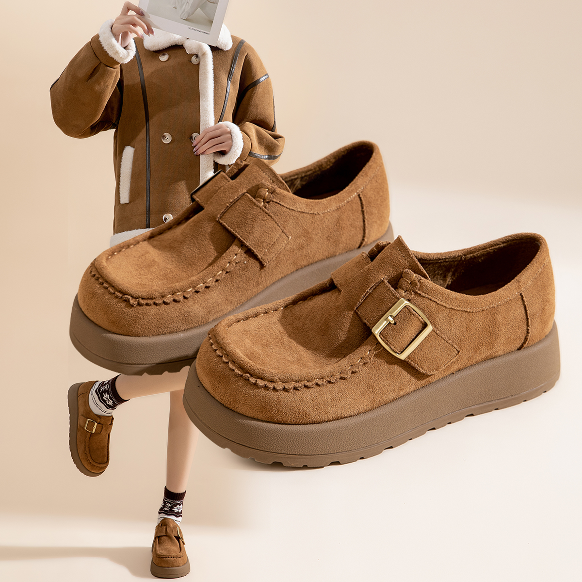 百搭厚底办公鞋勃肯加绒复古风勃肯鞋女通勤鞋W858476303