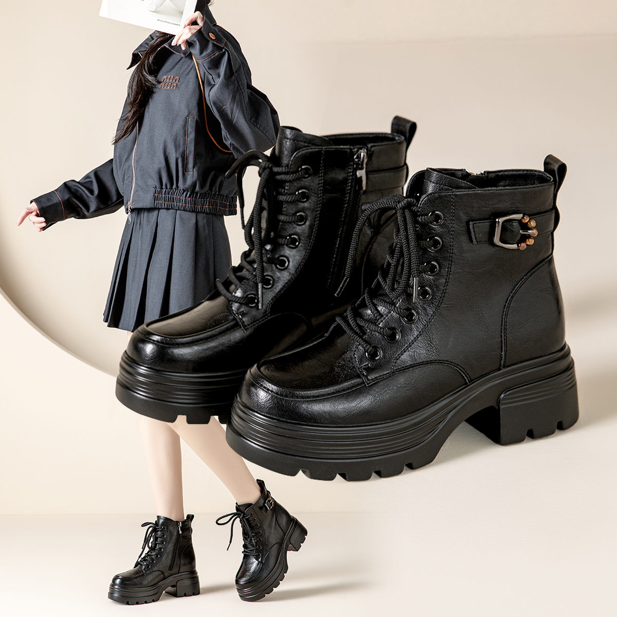 厚底舒适外穿增高显瘦加绒马丁靴英伦风短筒靴W855042326