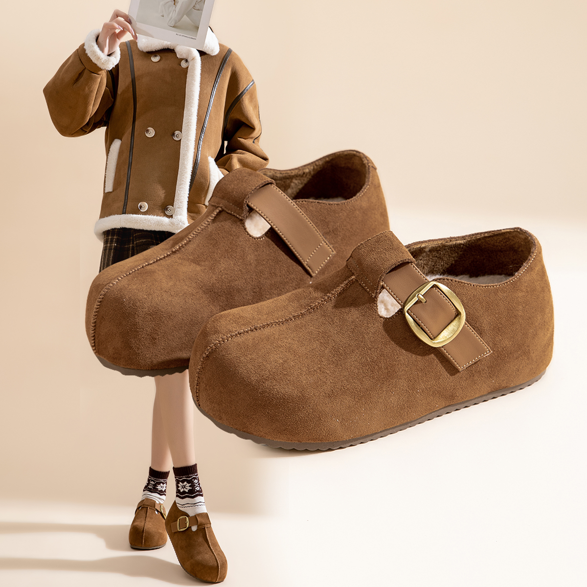 休闲百搭复古勃肯鞋女鞋加绒保暖棉靴勃肯鞋女W858476277