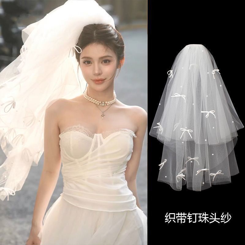 新娘蝴蝶结婚珍珠求婚头纱多层蓬蓬超仙领证拍照道具成人头饰婚纱