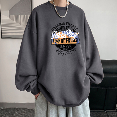 圆领卫衣男士春秋潮牌印花宽松长袖内搭秋冬季情侣装加绒加厚上衣