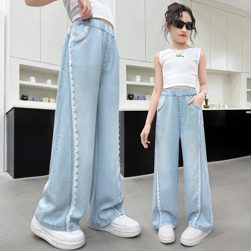 女童蕾丝边牛仔阔腿裤夏季薄款儿童透气纯色中大童洋气休闲长裤子