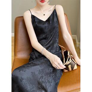 夏季 提花V领吊带连衣裙女醋酸缎面垂感过膝A字长裙显瘦国风打底裙