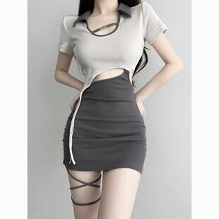 纯欲风镂空修身 显瘦连衣裙辣妹绑带包臀裙性感露腰不规则拼接短裙