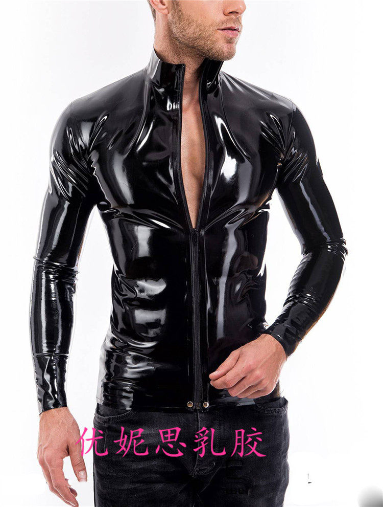 乳胶紧身T恤 高领 长袖 前开拉链 男 紧身上衣 定做