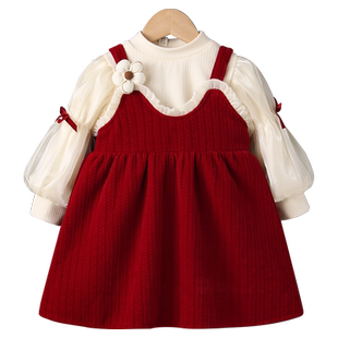 女童连衣裙秋冬时髦2件套裙3岁公主裙洋气裙子套装女宝宝周岁礼服