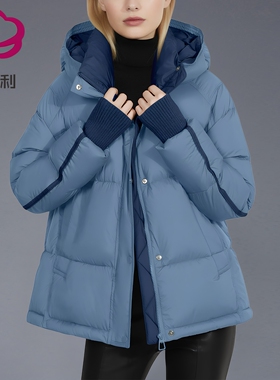 设计感连帽羽绒服女短款白鸭绒冬季新款蓝色面包服保暖外套防风潮