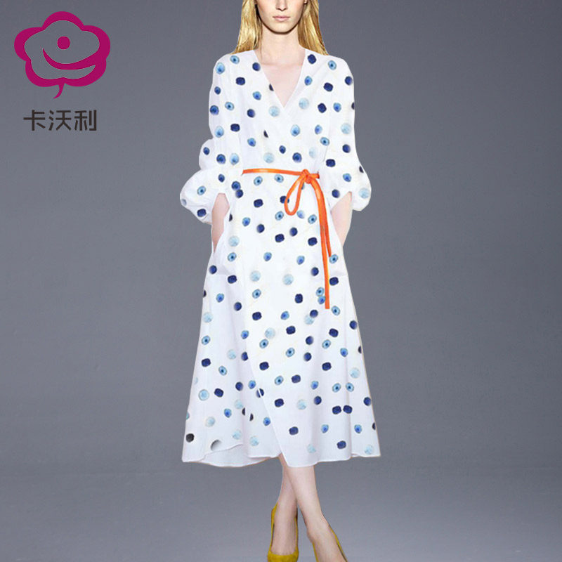 欧洲站时尚连衣裙女春夏2024新款印花色波点气质收腰大摆中长裙子