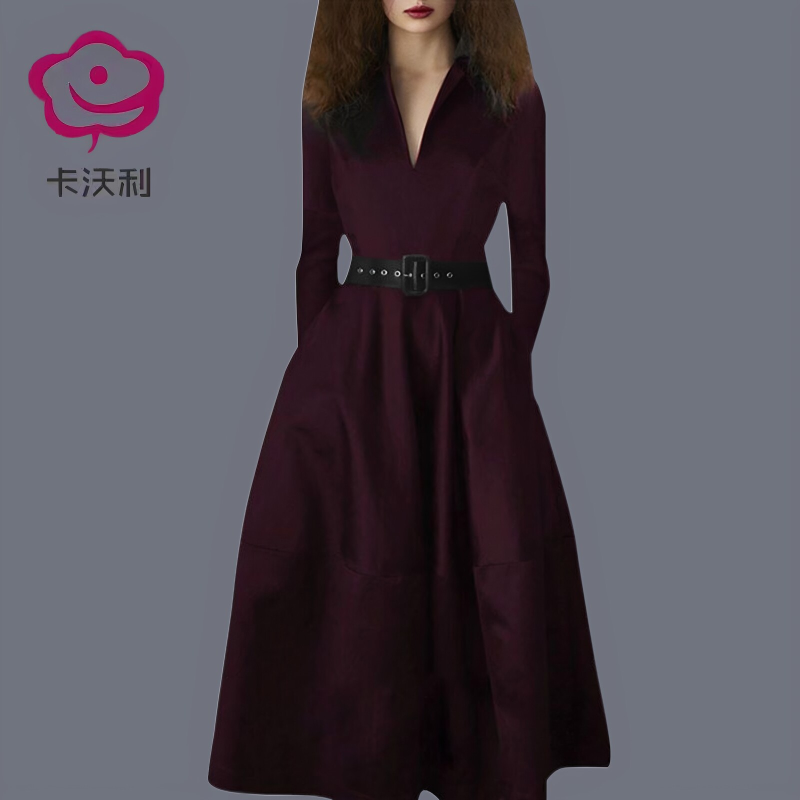 2026春秋新款时尚长袖连衣裙女打底裙气质V领修身礼服裙子中长裙