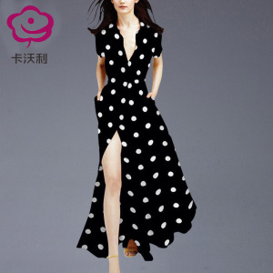欧洲站高端时尚波点连衣裙女夏2026新款修身显瘦洋气质开叉长裙子