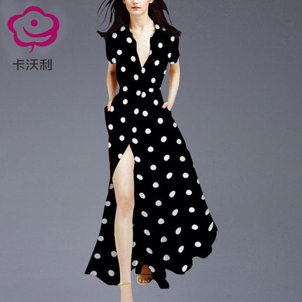 欧洲站高端时尚波点连衣裙女夏2026新款修身显瘦洋气质开叉长裙子