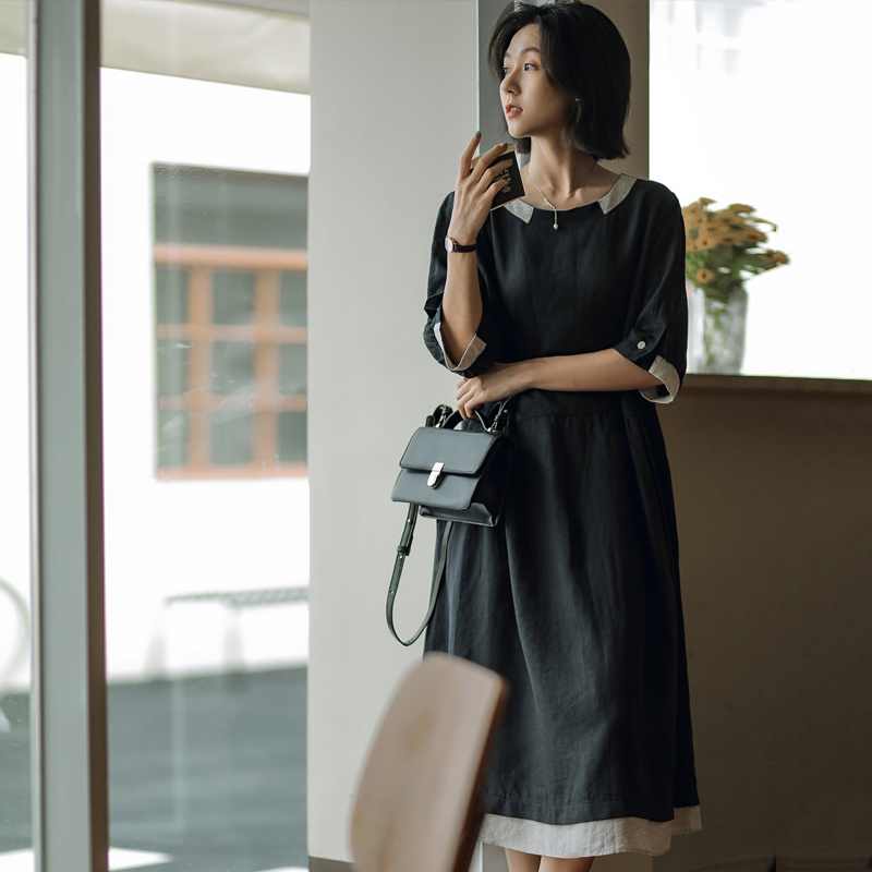 无谓圆领撞色亚麻连衣裙女2024夏新款女装文艺休闲宽松显瘦A字裙