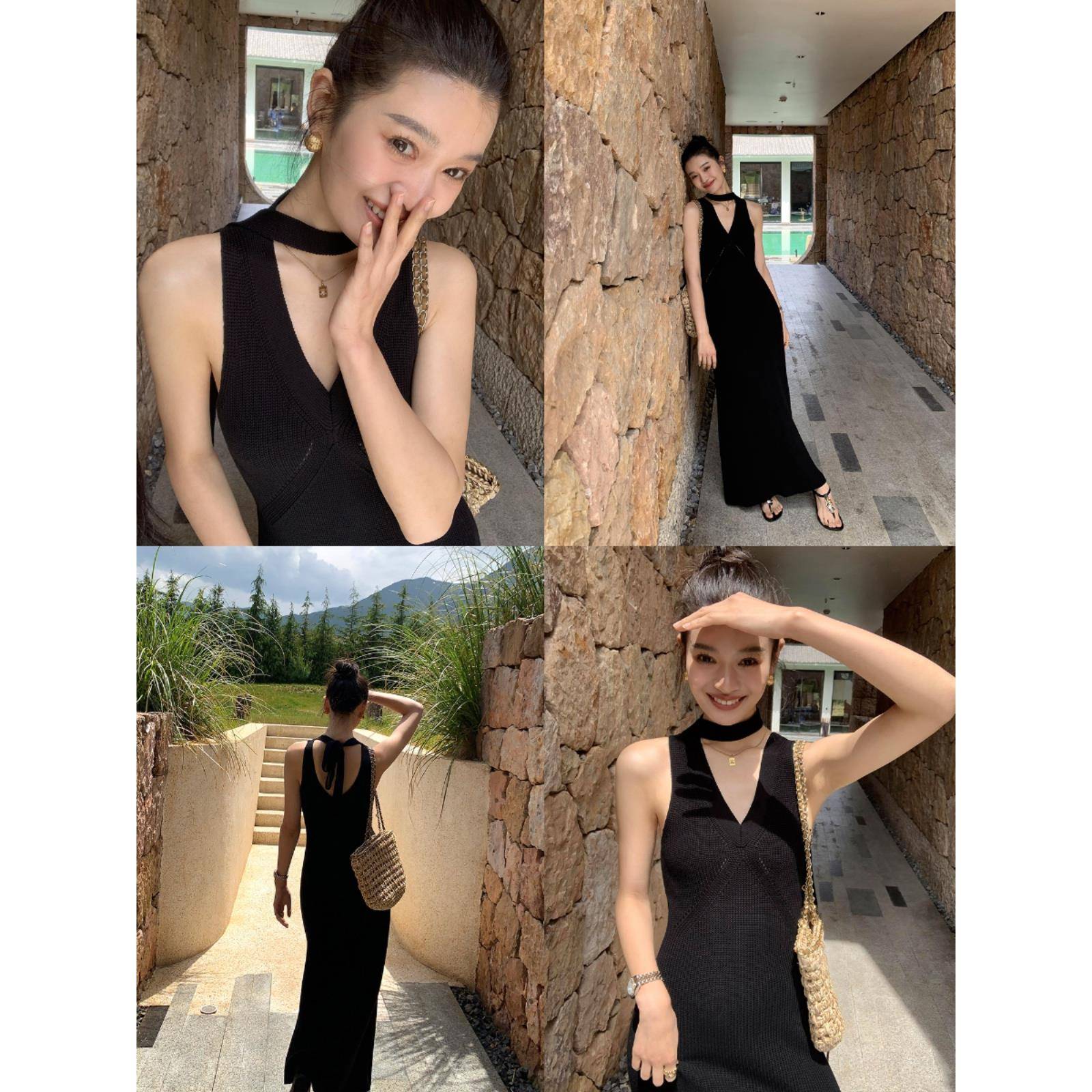 pusumede 黑色V领系带针织背心连衣裙女夏修身显瘦高级感收腰长裙