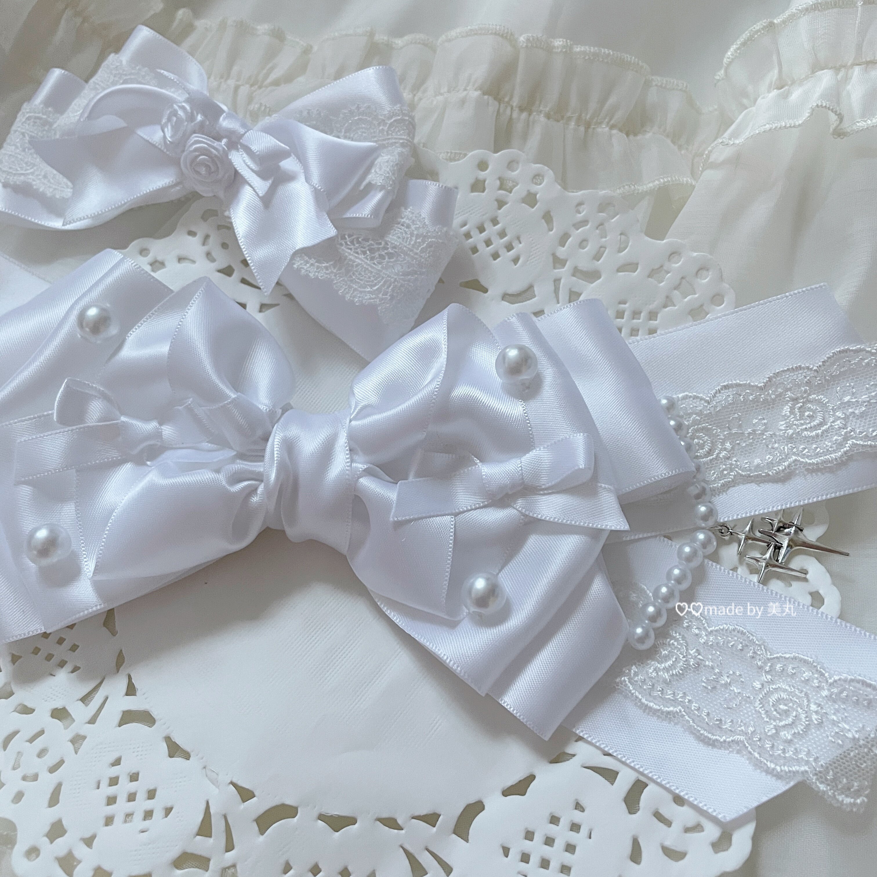 美丸手作 唇纯白蕾丝哥特风亚比小众蝴蝶结洛丽塔 发夹发箍两用