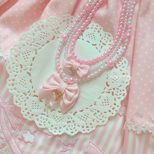 美丸手作 华丽三层呲甜姬系粉粉蝴蝶结草莓洛丽塔项链