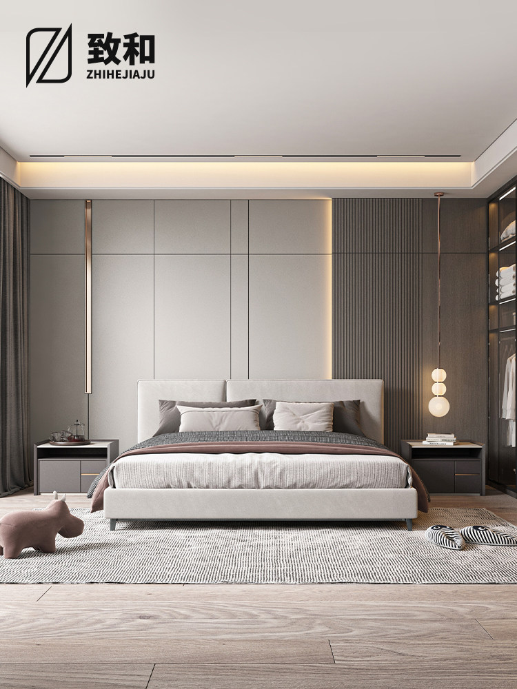 现代轻奢硬包卧室主卧床头背景墙软包装修护墙板格栅造型硬装定制