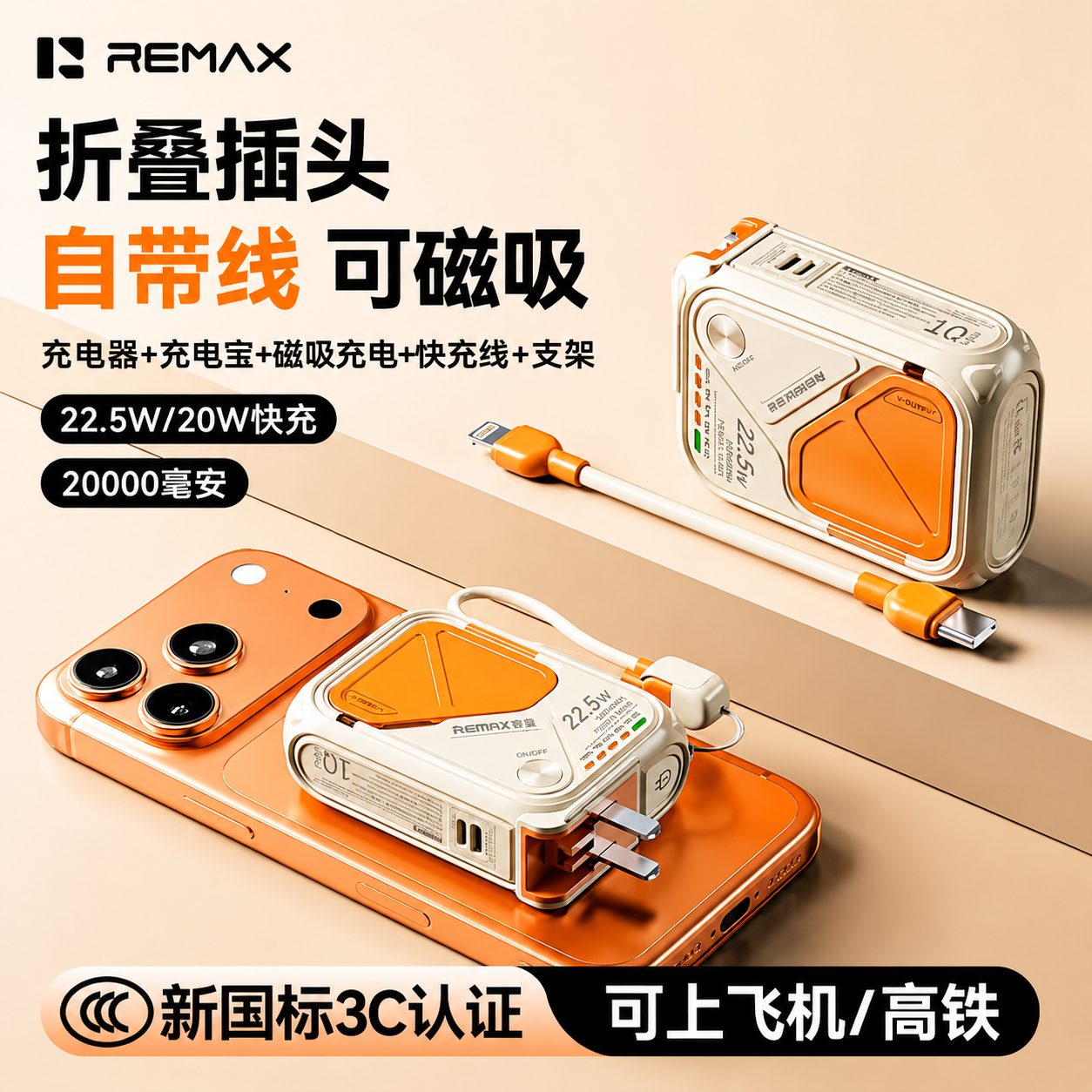 【充电宝3C认证】2026新款REMAX磁吸快充20000毫安自带线插头支架