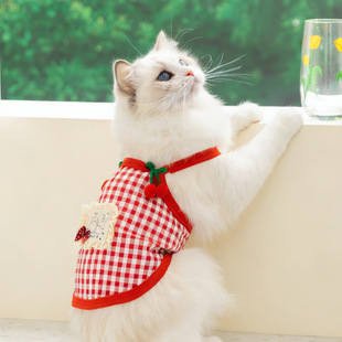 神经猫手工樱桃吊带红色格纹背心夏季薄款猫衣服宠物狗狗衣服批发