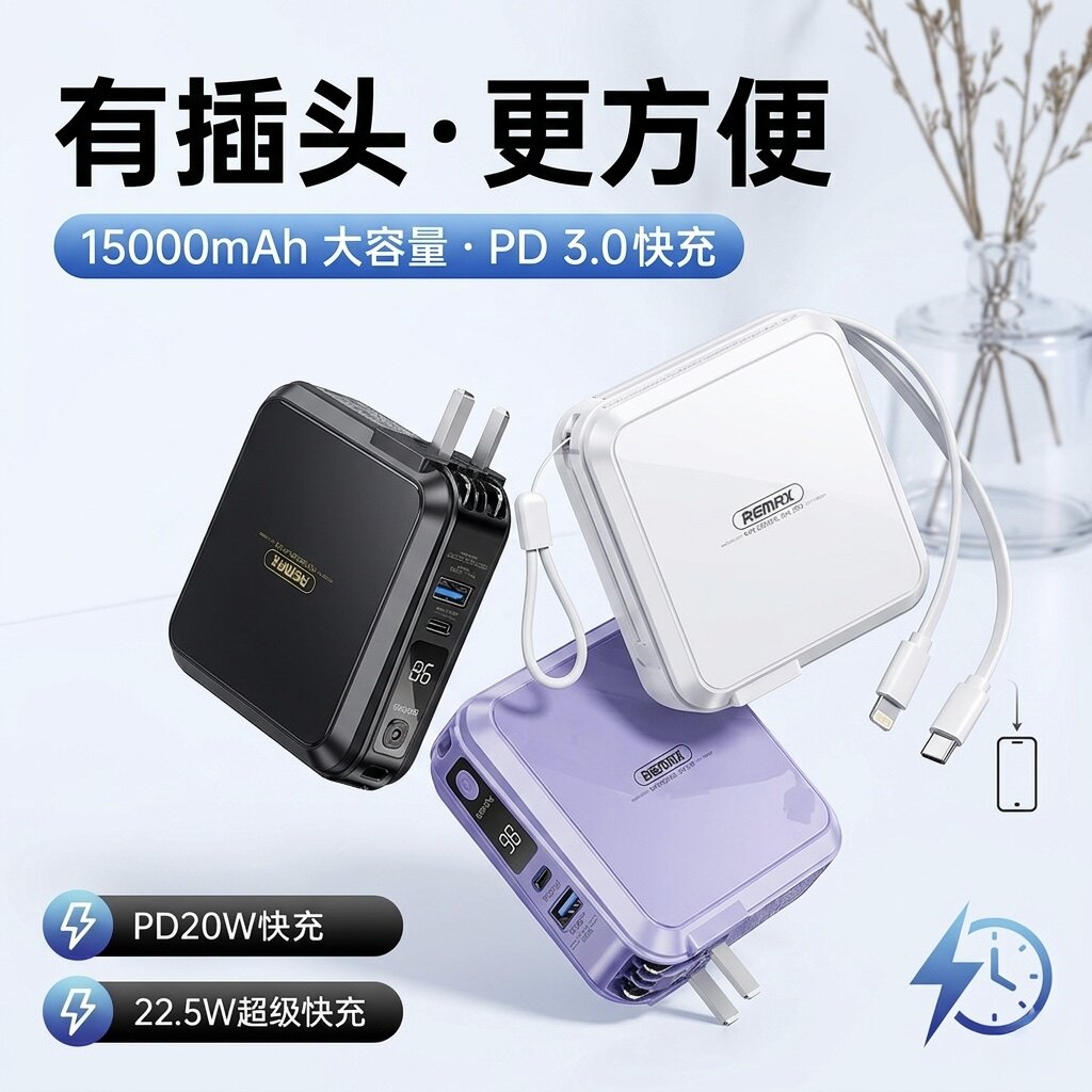 【3c认证可上飞机】remax充电宝15000大容量自带线三合一插头快充