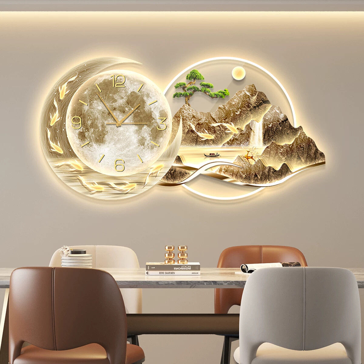 led带灯轻奢餐厅装饰画饭厅背景墙挂画壁画简约现代高级感带钟表