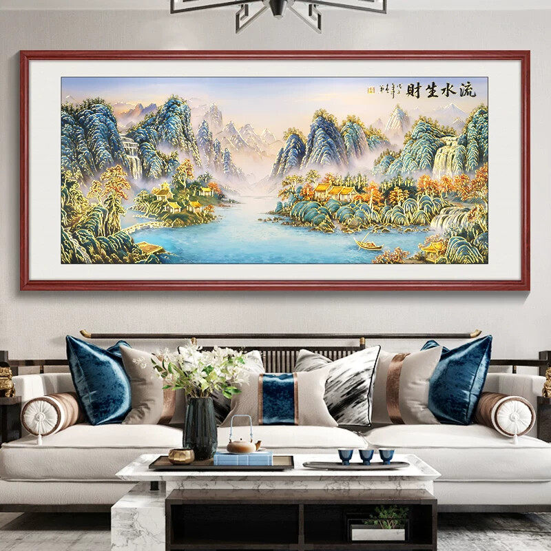 流水生财浮雕描金画客厅装饰画山水画沙发背景墙挂画饭店饭厅壁画