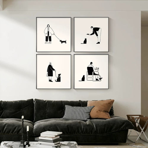 黑白招财猫正方形挂画现代简约沙发背景墙壁画抽象系列餐厅装饰画