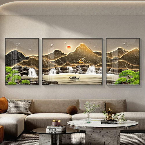 聚宝盆客厅装饰画日照金山沙发背景墙挂画流水生财办公室茶室壁画