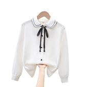 学生长袖 上衣中小童装 中大童儿童雪纺衬衣 花边白色女孩打底衫 衬衫