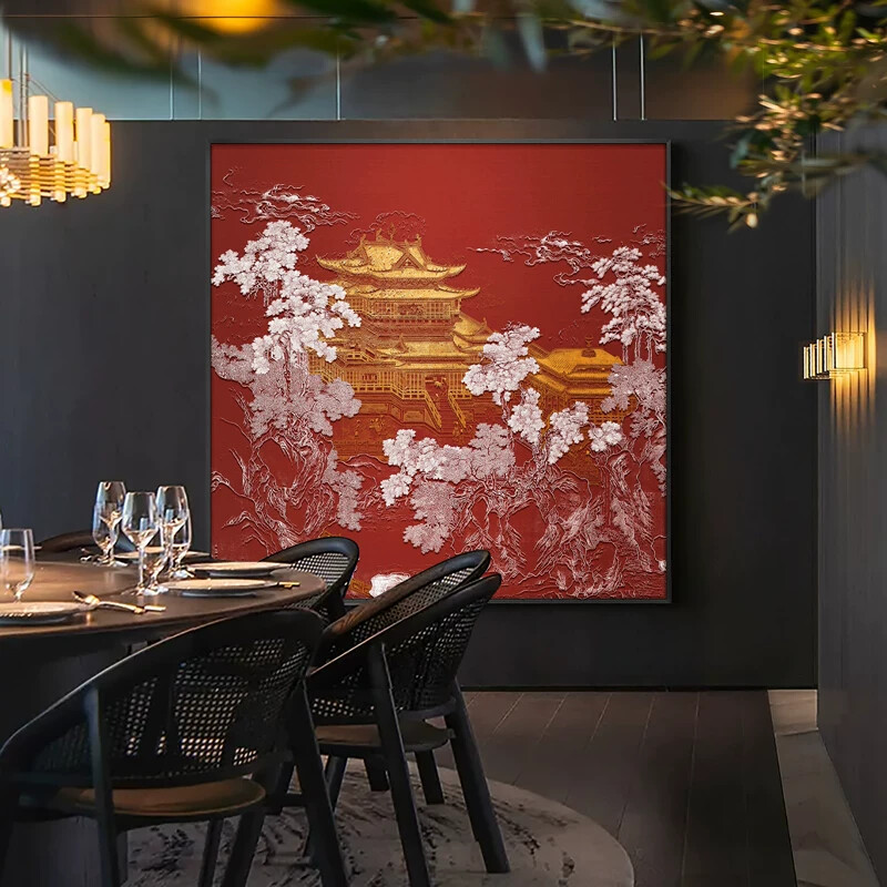 新中式餐厅浮雕肌理装饰画《仙山楼阁》高档大气别墅客厅背景挂画