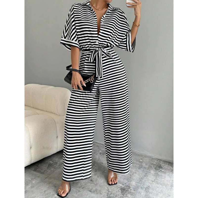 V 82153 Stripe Lapel Jumpsuit 条纹翻领连体衣跨境外贸代发