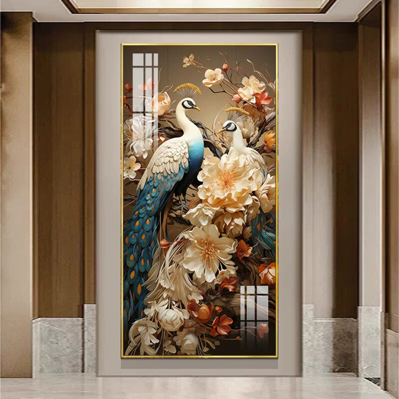 2025新款国潮风入户玄关背景墙装饰画富贵孔雀挂画轻奢高档艺术画