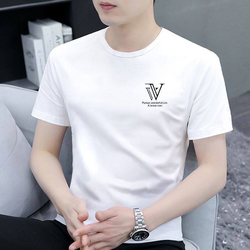 高档冰丝男士短袖t恤2024新款纯棉圆领白色内穿打底上衣纯色体恤