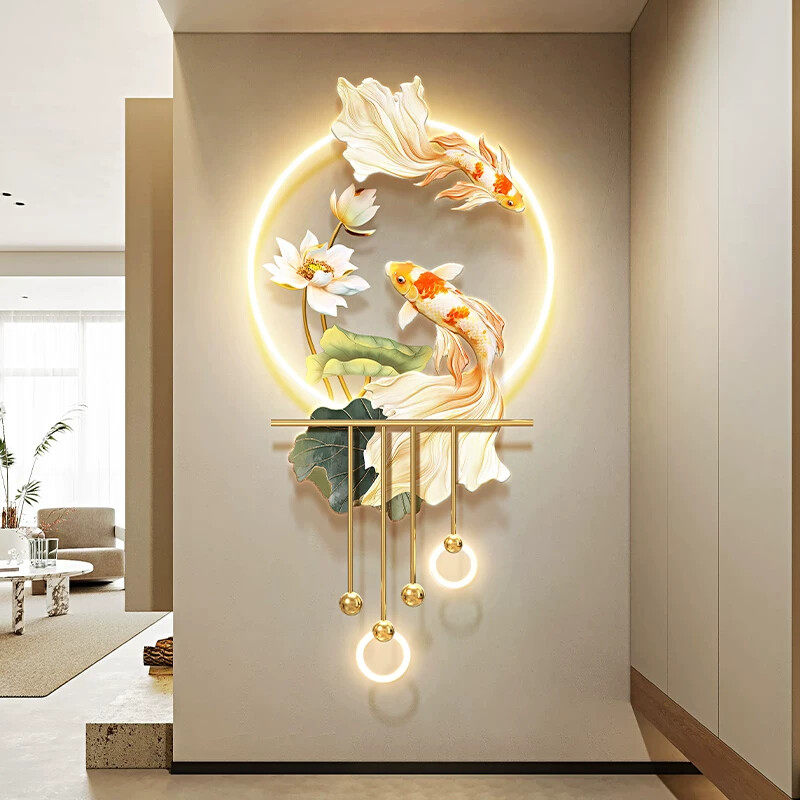 轻奢玄关装饰画锦鲤入户立体尽头挂画带灯发光走廊过道吊坠壁画