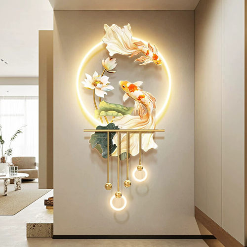 轻奢玄关装饰画锦鲤入户立体尽头挂画带灯发光走廊过道吊坠壁画