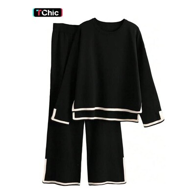 Fashion Casual Colorblock Knit Top and Pants Set Round Neck