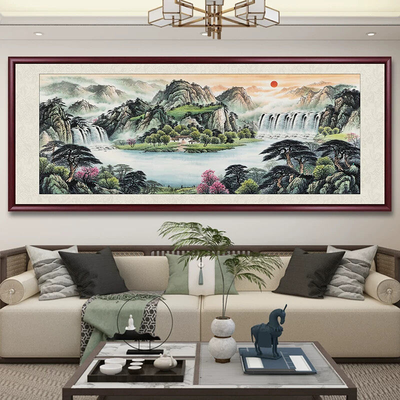 国画山水靠山图客厅挂画 聚宝盆风水装饰画