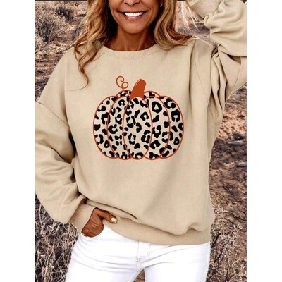Casual Minimalist Pumpkin Leopard Print Pattern Crew Neck