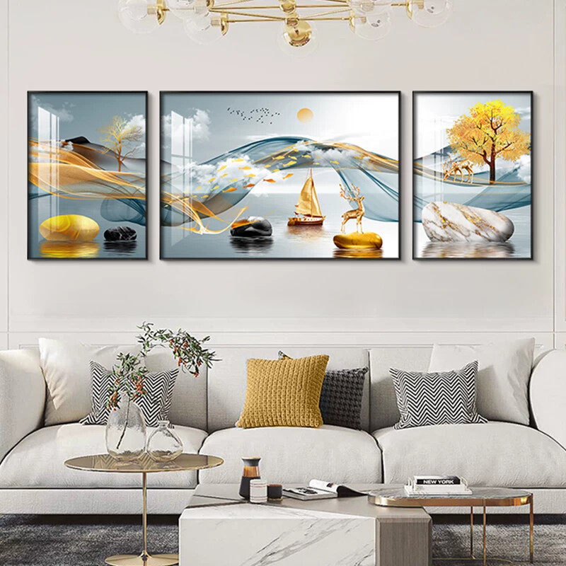 现代简约客厅装饰画轻奢晶瓷镶钻三联壁画北欧沙发背景墙大气挂画