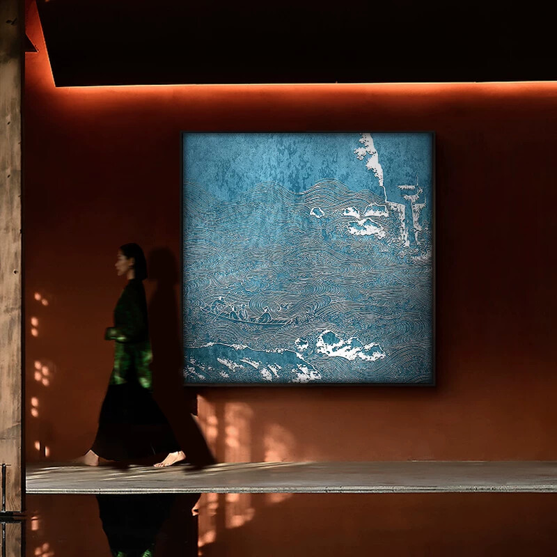 新中式客厅浮雕肌理装饰画餐厅蓝色山水立体挂画风景竖版背景壁画