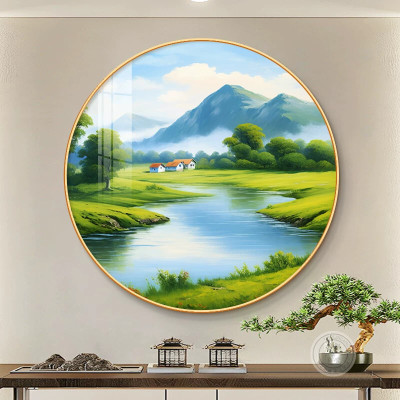山水画青山绿水挂画玄关客餐厅走廊过道圆形装饰画背有靠山风景画