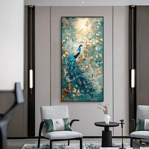 客厅玄关装饰画国风有凤来仪孔雀竖版新凤凰走廊过道中式挂画