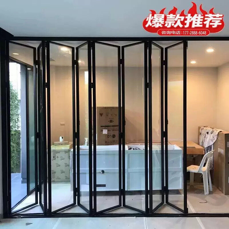 商铺店黑色推拉门极窄阳台客厅厨房玻璃折叠门铝合金吊轨移动隔断