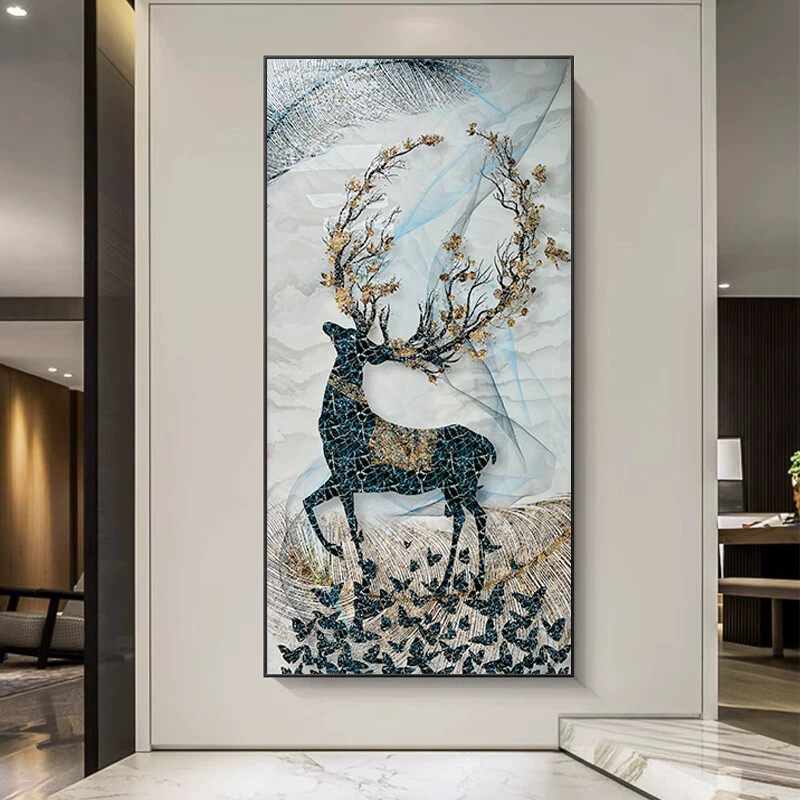 轻奢欧式入户玄关装饰画LED灯光画大气走廊过道挂画客厅竖版壁画