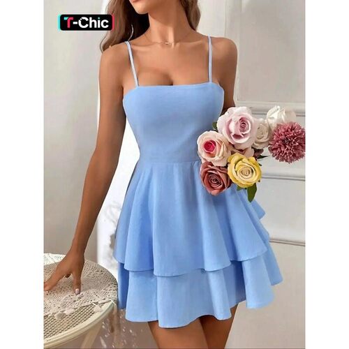 Womens Plain Ruffle Trim Cami Dress Casual Sleeveless Short