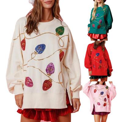 Women Christmas Sweatshirt Long Sleeve Crew Neck Sequined