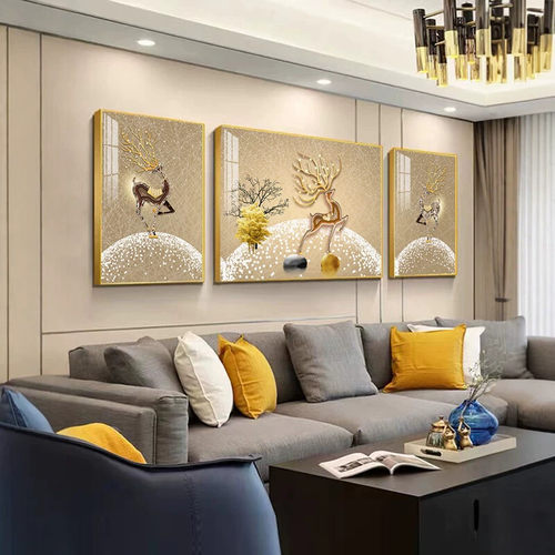 客厅装饰画轻奢高级感沙发背景墙挂画晶瓷镶钻大气三联画麋鹿壁画